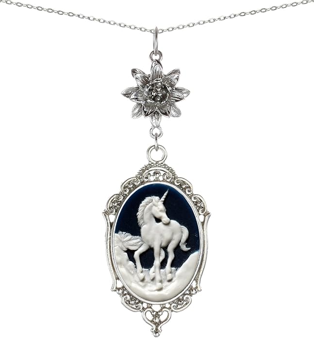 Yspace Lotus Charm Necklace Antique Decor Cameo Pendant 2 Chains Velvet Pouch for Gift