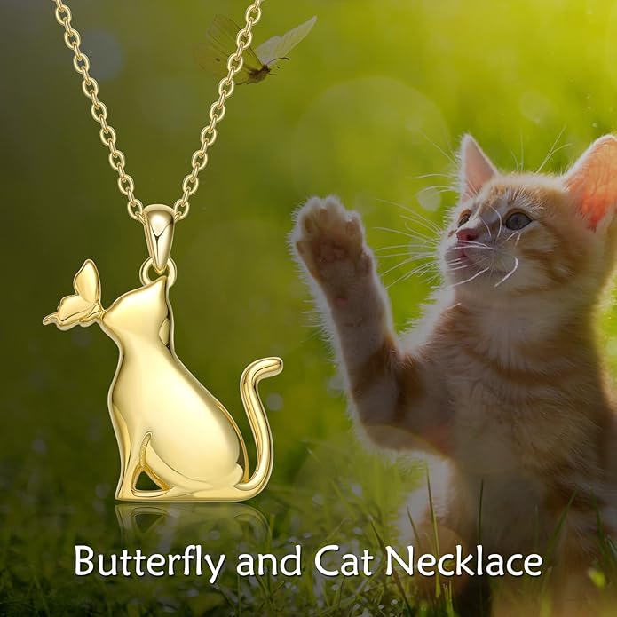 LONAGO Cat Necklace with Butterfly 925 Sterling Silver Cat Pendant Necklace Gift for Women
