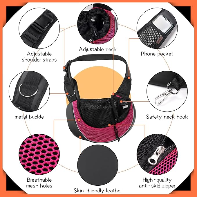 YUDODO Pet Sling Carrier for Small Dogs & Cats – Hands-Free Puppy Carrier with Safety Hook, Large Zipper Pocket, Soft Breathable Mesh, Adjustable Strap & Reflective Strip (Pink 3.0 S)
