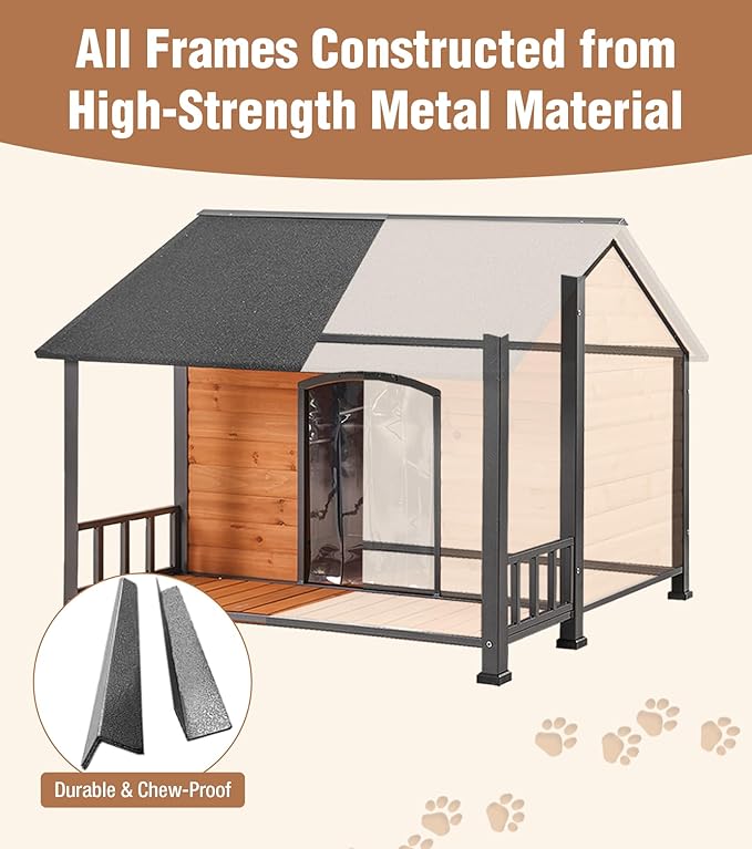 Gutinneen Large Dog House Outdoor with Strength Metal Frame, Outside Dog House with Waterproof Roof, PVC Curtain, Fir Wood Patio, Design for Small & Medium & Large Dogs