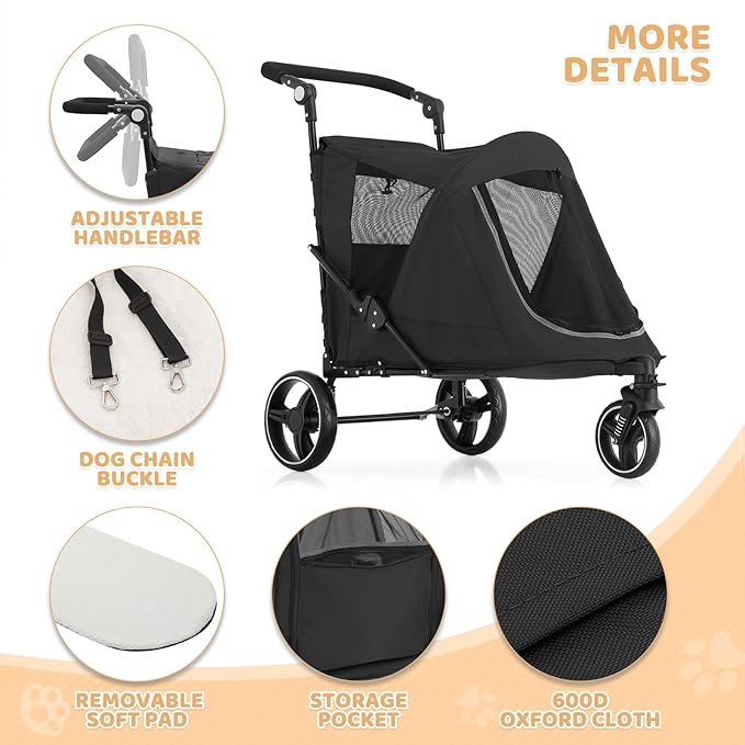 Magshion Pet Stroller for Medium Dogs w/Adjustable Handle, 3-Wheel Dog Cat Wagon w/Dual Entry, Rear Storage, Breathable Mesh, One-Foot Brake, Ideal for Large Pets up to 55 lbs, Black