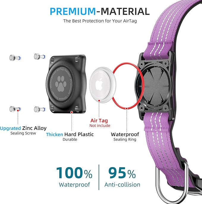 Upgraded AirTag Dog Collar, IP68 Waterproof Air Tag Dog Collar Holder, Reflective, Ultra-Durable, Comfortable Padded, Heavy Duty Dog Collars for Small Medium Large Dogs (M (12.6"-17.1"), Purple)