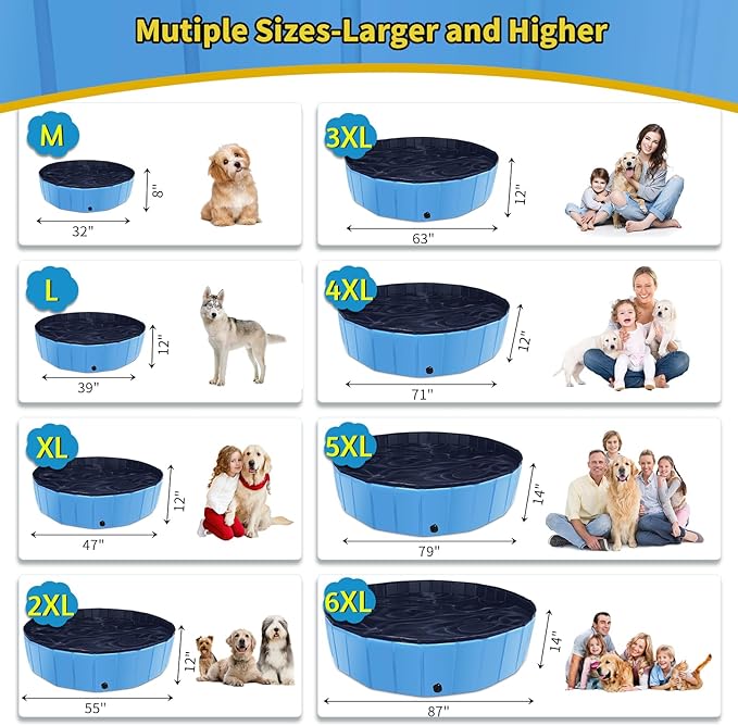 Foldable Dog Pool, 63" x 12" Kiddie Pool with Hard Plastic, Non-Slip Dog Bath Tub for Outdoor Backyard, Collapsible Dog Swimming Pool for Kids Dogs Pets (Blue)