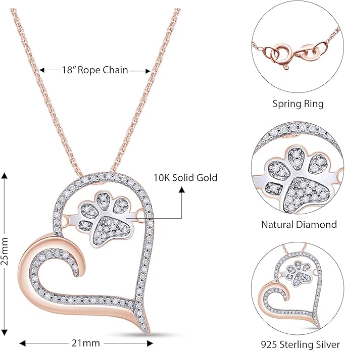 AFFY Paw Print Dog Cat Heart Pendant Necklace, 925 Sterling Silver & 10K Solid Gold Natural Diamond, Two Tone Heart Necklace for Pet Lovers, Elegant Silver Gift for Her