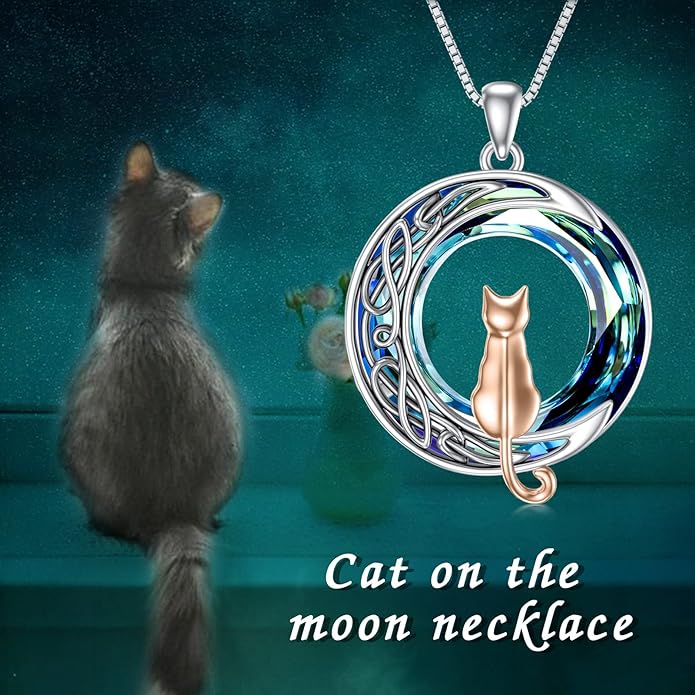 TOUPOP Cat Gifts for Cat Lovers 1 2 3 Cats Necklace Sterling Silver Cat on the Moon Pendant Necklace with Blue Circle Crystal Birthday Christmas Celtic Jewelry Gifts for Women