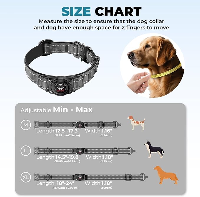 2025 Upgrade Airtag Dog Collar, Reflective Dog Collar with Airtag Holder, IP68 Waterproof| Metal Buckle| Ultra-Durable| Comfortable Padded, GPS Dog Collars for Medium Large Dogs (Black,XL)