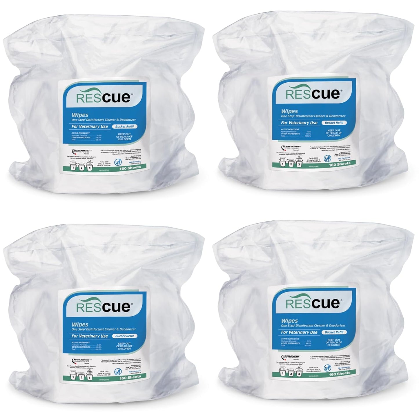 REScue One-Step Disinfectant Cleaner & Deodorizer Wipes for Vet Use – Cleaner for Kennels, Litter Boxes, Vet Offices, Pet Grooming Surfaces – Extra Large Wipes, 160-Count Bucket Refill (4 Pack)