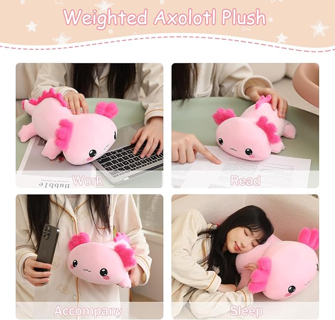 SQEQE Weighted Axolotl Plush, Weighted Axolotl Stuffed Animal, Cute Plushies Soft Pink Pillow Toy Gift for Kids Adults 9.8 Inch, 0.8 lbs