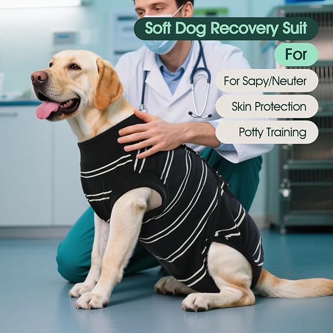Kuoser Dog Surgery Recovery Suit for Female Male Dogs, Stripes Spay Neuter Anti-Licking Dog Onesie, Surgical Suit Snugly Pet Post Surgery Vest Bodysuit for Abdominal Wounds Skin Disease, Black S