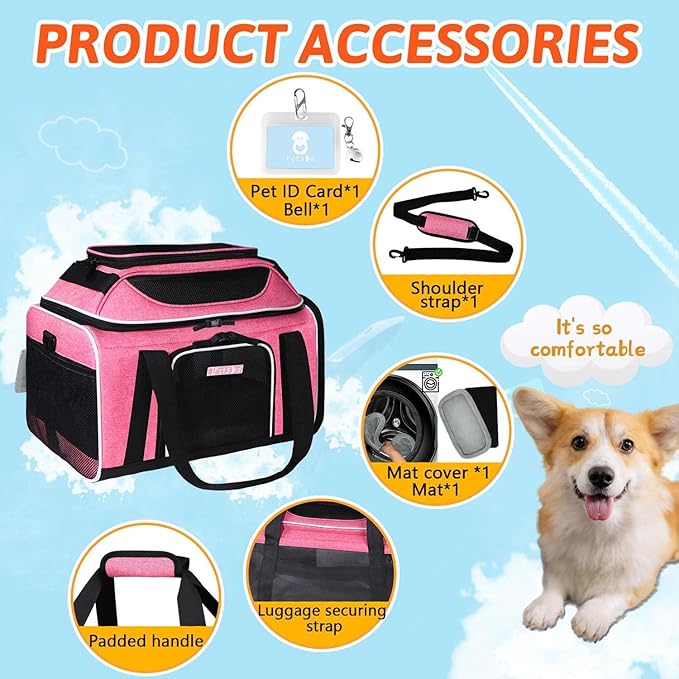 Petskd Top-Expandable Pet Carrier 17x11x9.5 Inches Alaska Airline Approved, Soft-Sided Carrier for Small Cats and Dogs with Locking Safety Zippers and Anti-Scratch Mesh(Pink)