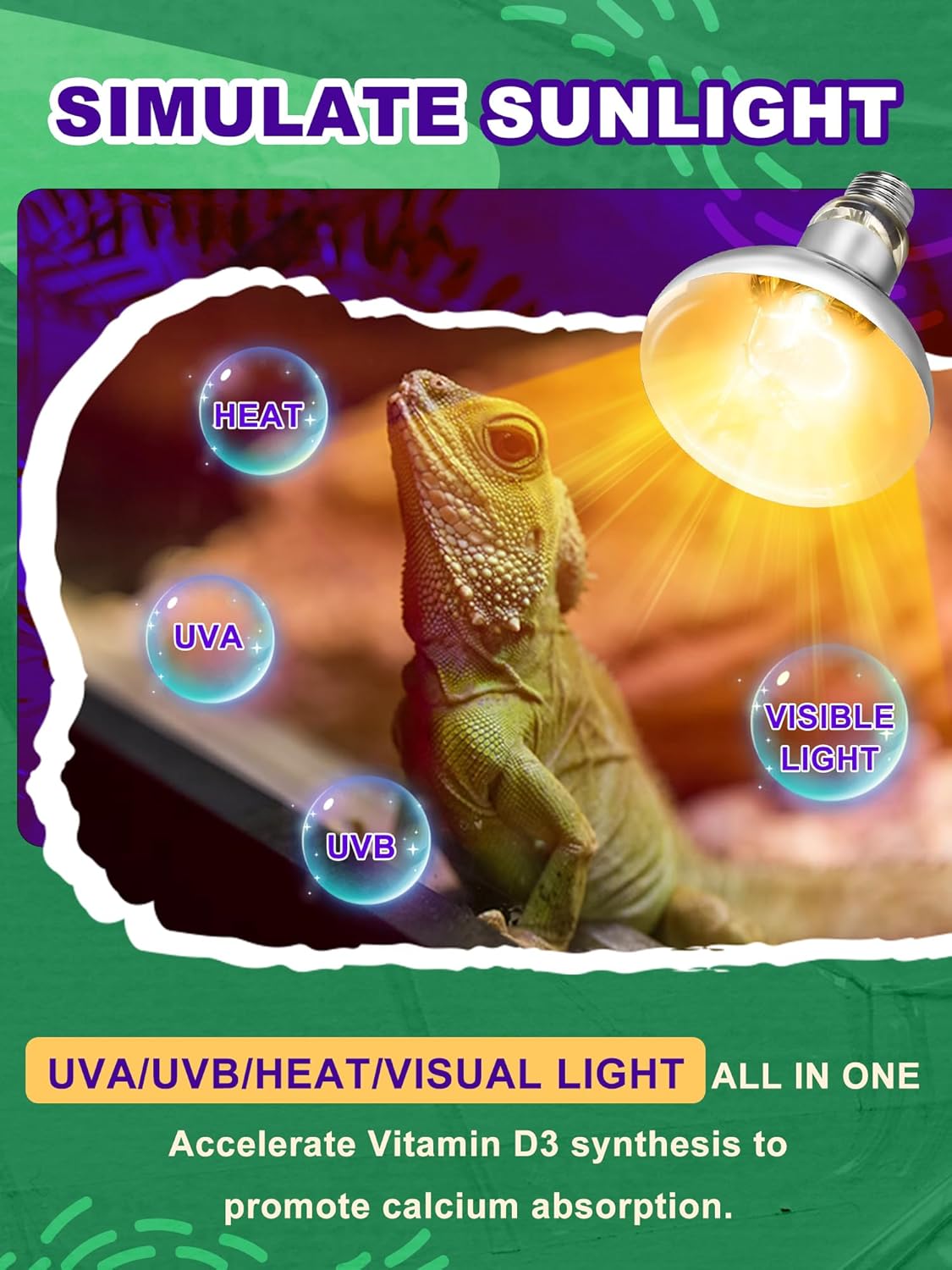 Heat Lamp Bulb, 160 Watt Pack of 2 Full Spectrum UVA UVB Reptile Heat Bulb, Basking Spot Light, Simulate Natural Sun Light for Reptile and Amphibian, Pack of 2
