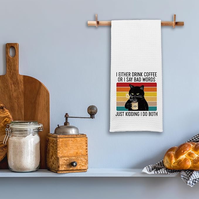 Funny Kitchen Towels for Women, I Either Drink Coffee or I Say Bad Words Dishcloths, Coffee Lovers Gifts, Black Cat Hand Towels with Sarcastic Saying, Kitchen Decor Gifts for Hostess Chef