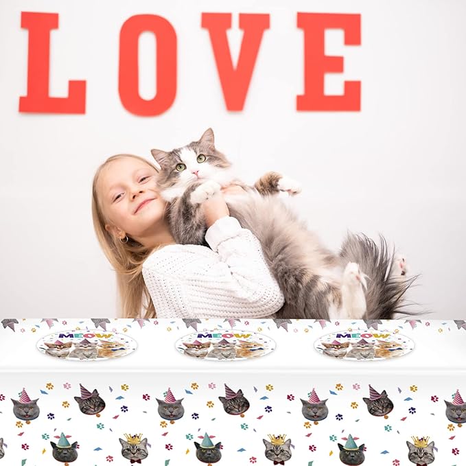 41Pcs Cat Theme Party Supplies - Kitten Birthday Party Decorations Include 20 Paper Plates, 20 Napkins and 1 Tablecloth