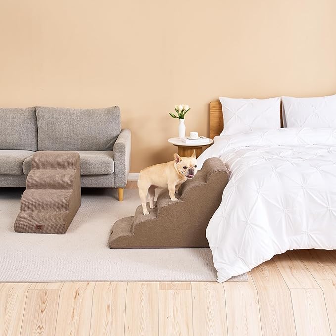 EHEYCIGA Curved Dog Stairs Ramp for High Beds 22.6" H, 5-Step Dog Steps for Small Dogs and Cats, Pet Stairs for High Bed Climbing, Non-Slip Balanced Pet Step Indoor, Camel