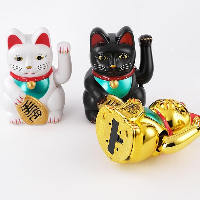 Gold/Black/White Maneki Neko Lucky Cat,Fengshui Cat- Waving Arm Battery Operated for Fortune Money and Good Luck (Gold, 5 in)