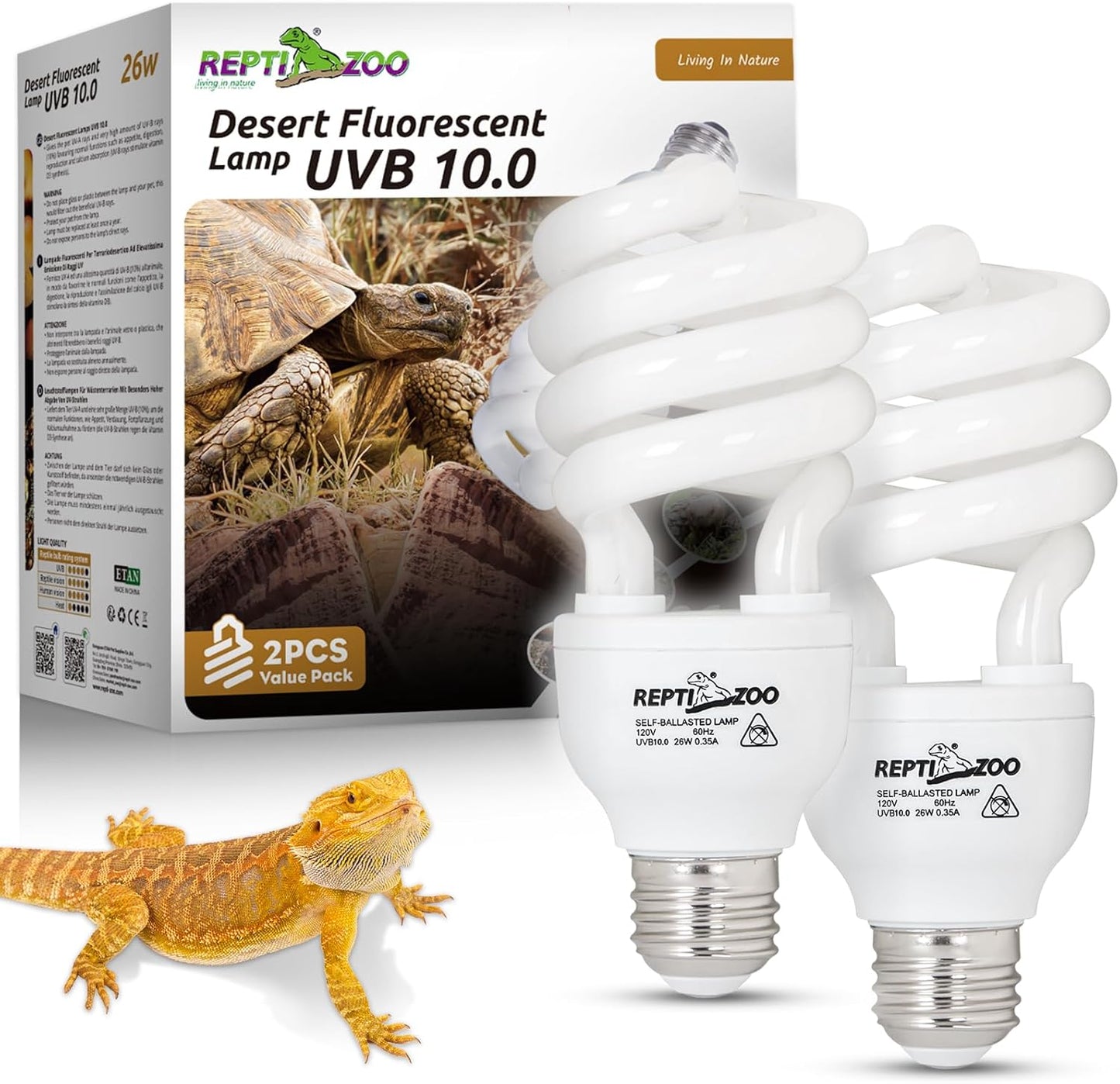 REPTI ZOO UVB Light for Desert Reptile 2 Pack, 10.0 26W UVA UVB Reptile Light Bulb, UVB Spiral Compact Lamp for Bearded Dragons Tortoises Lizards Snakes