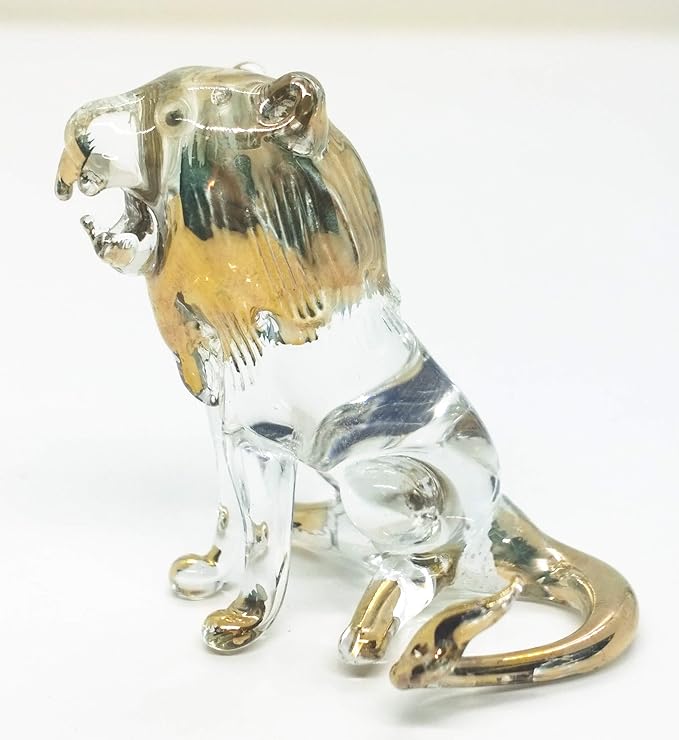 WitnyStore Tiny 1½" Long Clear Gold Sitting Lion Roaring Figurine - Miniature Hand Blown Painted Glass Panthera Wild Cat Small Crystal Wildlife Animals Decorative Collectible Figurines Décor Gifts