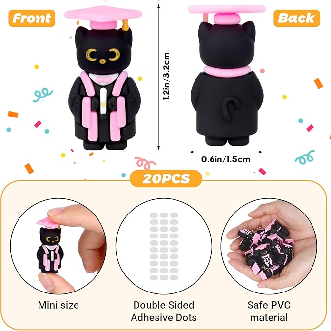 Graduation Cat Figurines, 20 PCS Black Cat Mini Resin with Cap Graduation Decorations Class of 2025, PVC Miniature Black Kitten Figures Grad Gifts Party Favors Cake Topper