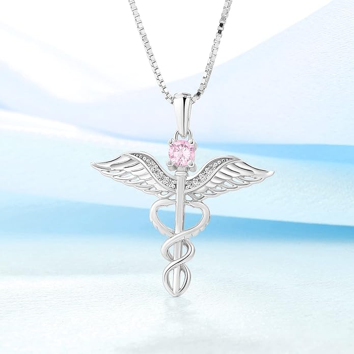 YL Caduceus Necklace Sterling Silver Doctor Nurse Themed Pendant Birthstone Angel Wings Snake Jewelry for Women