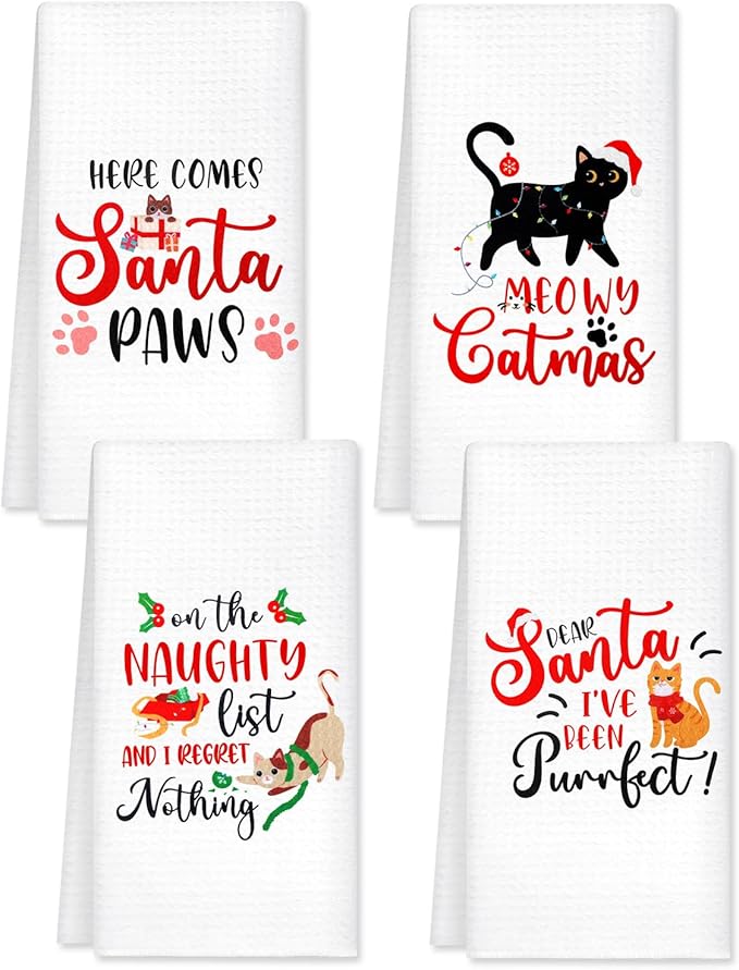 Vansolinne Cat Christmas Kitchen Towels - Decorative Holiday Dish Towels, Meowy Catmas Home Decor, Funny Naughty Kitty Housewarming Gifts for Mom and Cat Lovers