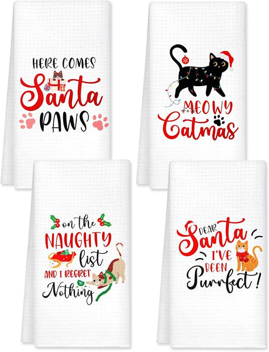 Vansolinne Cat Christmas Kitchen Towels - Decorative Holiday Dish Towels, Meowy Catmas Home Decor, Funny Naughty Kitty Housewarming Gifts for Mom and Cat Lovers