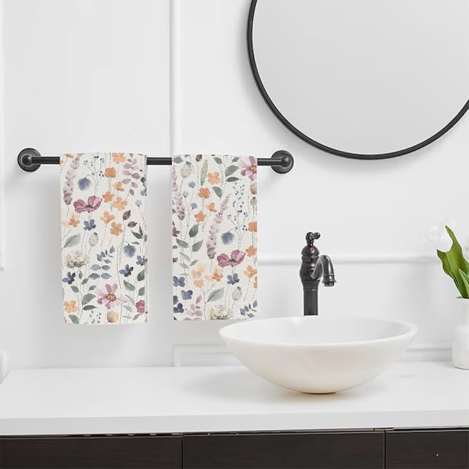 Watercolor Flowers Bathroom Hand Towel Set of 2,Vintage Botanical Floral Leaves Fingertip Kitchen Hand Towel,Soft Absorbent Decorative for Hotel Gym Yoga Home Decor