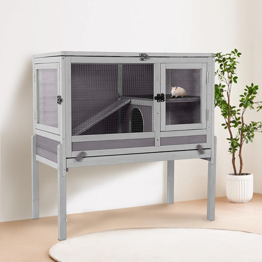 Guinea Pig Cage with Wooden Stand - Hamster Cage, Small Animal Cage Anti Chew Ramp, Hideout, Platform, Pull Out Tray (Grey, L)