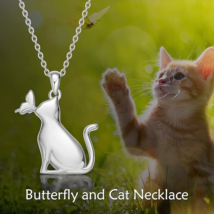 LONAGO Cat Necklace with Butterfly 925 Sterling Silver Cat Pendant Necklace Gift for Women