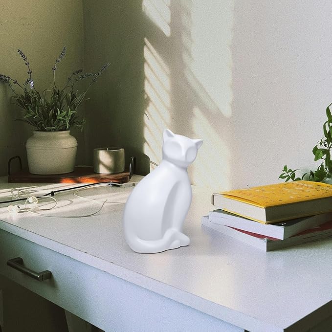 ECYC Minimalist Ceramic Lucky Cat Statue Living Room Desk Animal Figurine Decoration, White