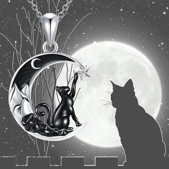 Gothic Jewelry Bat/Cat/Wolf/Dragon/Owl/Fox/Spider/Sun Pendant Sterling Silver Crescent Moon Necklace for Women Girls Black Jewelry Gifts