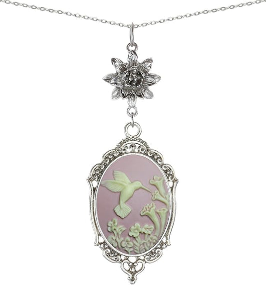 Yspace Lotus Charm Necklace Antique Decor Cameo Pendant 2 Chains Velvet Pouch for Gift