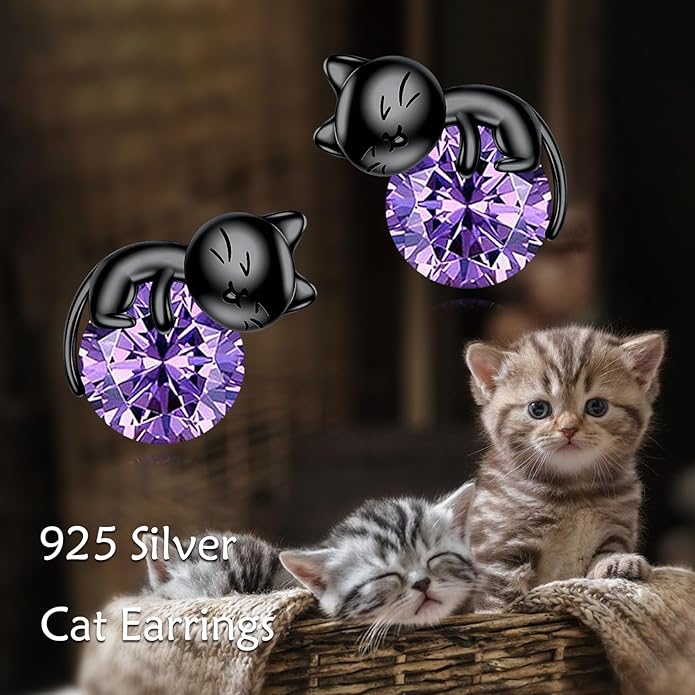 Sterling Silver Birthstone Black Cat Stud Earrings - Cat Birthstone Earrings for Women's Birthday Gift