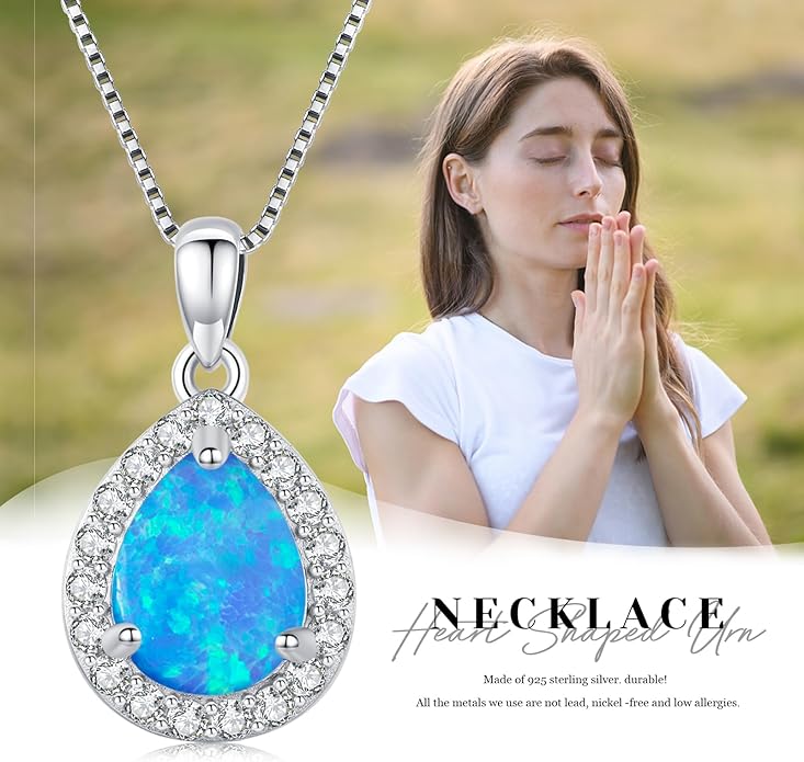 Urn necklace for Ashes 925 Sterling Silver Opal/Turquoise/Moonstone/Moss agate Pendant Cremation Memory Jewelry Keepsake Gifts for Women