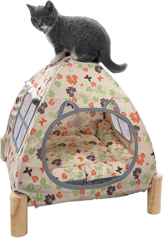 2-in-1 Elevated Cat Tent Cat House, Quick Assembly and Disassembly, Portable Indoor/Outdoor Cute Cat Bed Cave-Butterfly and Flower