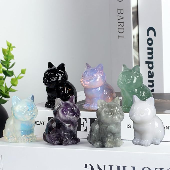 1.6 Inch Crystal Cat Statues, White Marble Cat Figurines, Healing Crystal Kitty Figurine Decor, Cute Lucky CatStatues for Gifts, Handcrafted White Jade Figurines for Home Ornaments