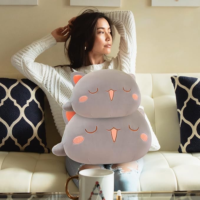 FUYU Cat Stuffed Animals, Soft Cat Plush Pillow Kawaii Kitten Stuffed Animal Toy Gifts for Kids Boys Girls Room Decor (Gray Squinted,27in/67cm)