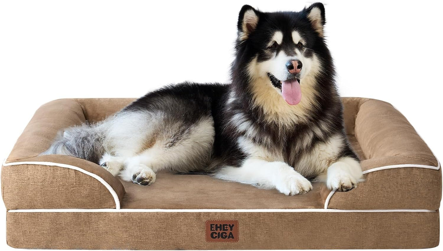EHEYCIGA Orthopedic Dog Beds for Extra Large Dogs, Waterproof Memory Foam XXL Dog Bed with Sides, Non-Slip Bottom and Egg-Crate Foam Big Pet Couch Bed with Washable Removable Cover, Camel