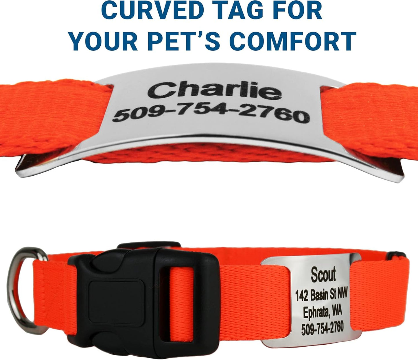 GoTags Personalized Dog Collar with Nameplate, Adjustable Dog Collar with Custom Engraved Slide On Pet ID Tag in Stainless Steel, Silent, No Noise Dog Tag for Large Medium and Small (Orange, Small)