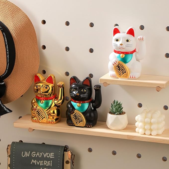 Gold/Black/White Maneki Neko Lucky Cat,Fengshui Cat- Waving Arm Battery Operated for Fortune Money and Good Luck (Gold, 5 in)