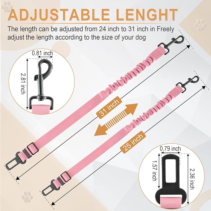 LivTee Dog Seat Belt for Car, Retractable Pet Safety Harness, Adjustable Nylon Dog Seatbelt Leash, Comfortable Dog Accessories for Vehicles (Light Pink-2PCS)