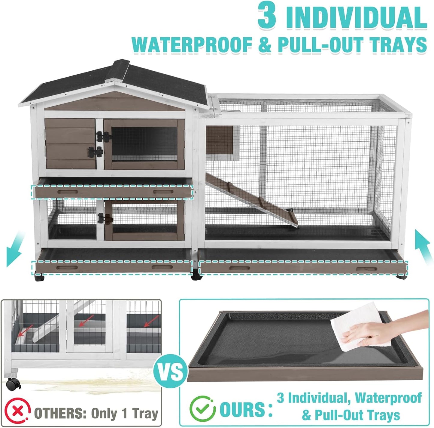 62" Rabbit Hutch with Chew-Proof Ramp & Waterproof Roof - Indoor/Outdoor Bunny Cage, 2-Story Design, 6 Lockable Caster Wheels & Dual Pull-Out Trays (Brown)