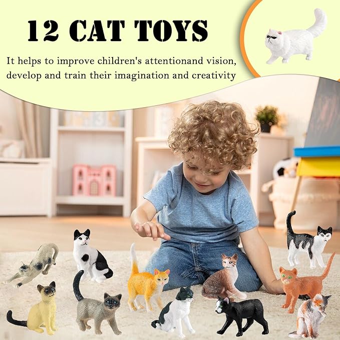 12PCS Realistic Cat Figurines, Plastic Mini Cat Figures Toys, Kitten Miniature Toys Cake Topper Easter Eggs Christmas Birthday Gift for Kids Boys Girls