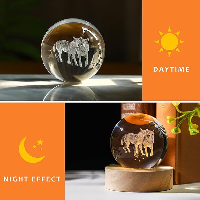 YU FENG 3D Carved Wolf Crystal Ball with Warm White Light Base 2.36 Inch