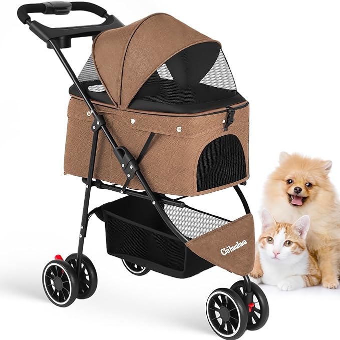 Pet Stroller,Dog Stroller for Small Medium Dogs Cats,3 Wheels,Foldable,with Breathable Mesh Canopy,Cup Holders,Easy Assembly,Deep Brown