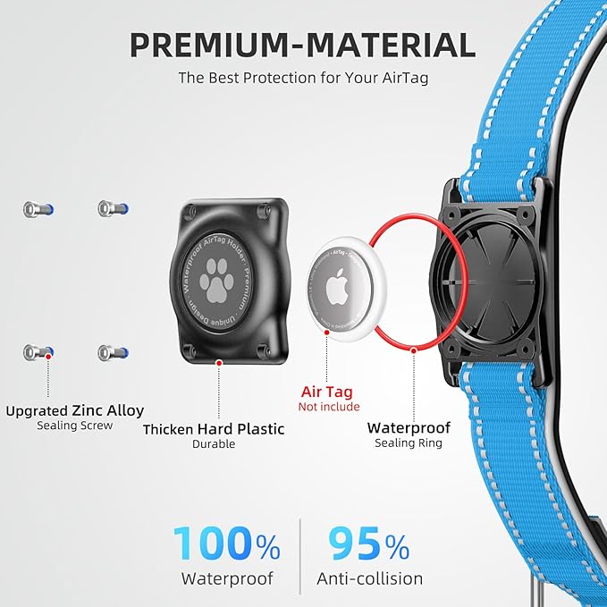 Airtag Dog Collar - 100% Waterproof Air tag Dog Collar Holder for Apple AirTag, Reflective, Soft Padded, Everlasting, GPS Dog Collar for Small Medium Large Dogs (Blue, S)