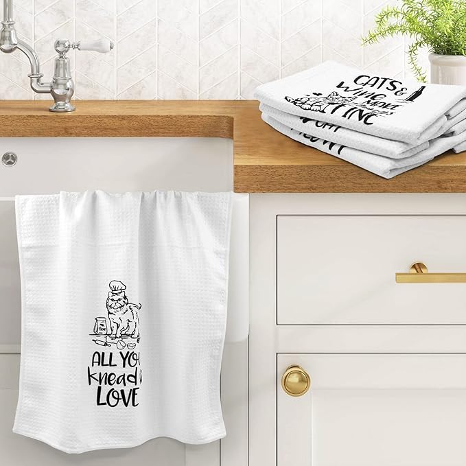 Vansolinne Funny Cat Kitchen Towels Decorative Waffle Tea Towels Absorbent Dish Towels Set of 4 - Fun Hostess Kitchen Decor, Cat Kitchen Collection, Housewarming Presents