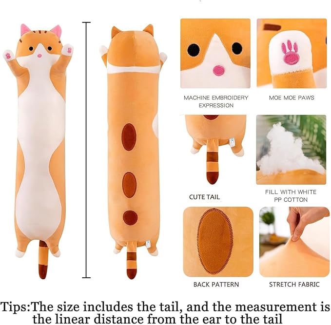 Long Cat Plush Pillow Soft Cat Hugging Pillow Stuffed Animal Pillow Cute Kitty Sleeping Throw Pillow Gift for Kids(150cm/59.05inch,Yellow