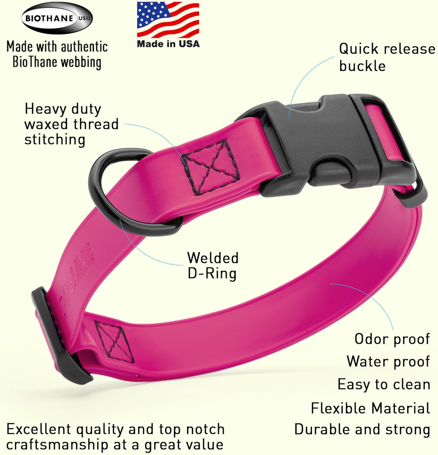 Dogline Biothane Waterproof Dog Collar with Quick Release Buckle Strong Coated Nylon Webbing with Odor- Proof for Easy Care Easy to Clean Fits Small Medium Large Dogs, Magenta Pink 1" W 15-23" L