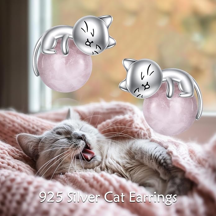 Sterling Silver Birthstone Black Cat Stud Earrings - Cat Birthstone Earrings for Women's Birthday Gift