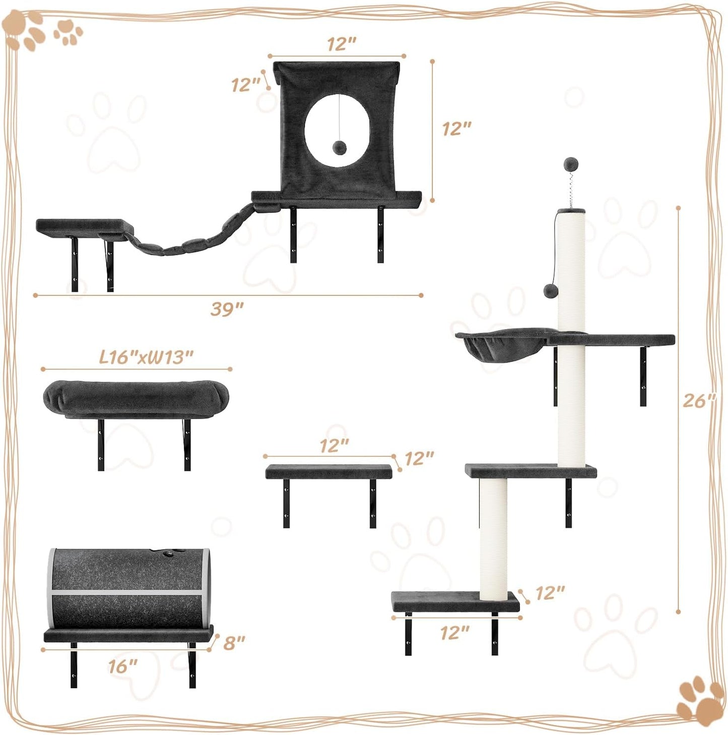 NUNU LAB 7-in-1 Wall Mounted Cat Climber Set, Cat Wall Furniture Set with House, Bridge, Steps, Scratcher Post, DIY Playground, Cat Wall Shelves - Dark Gray